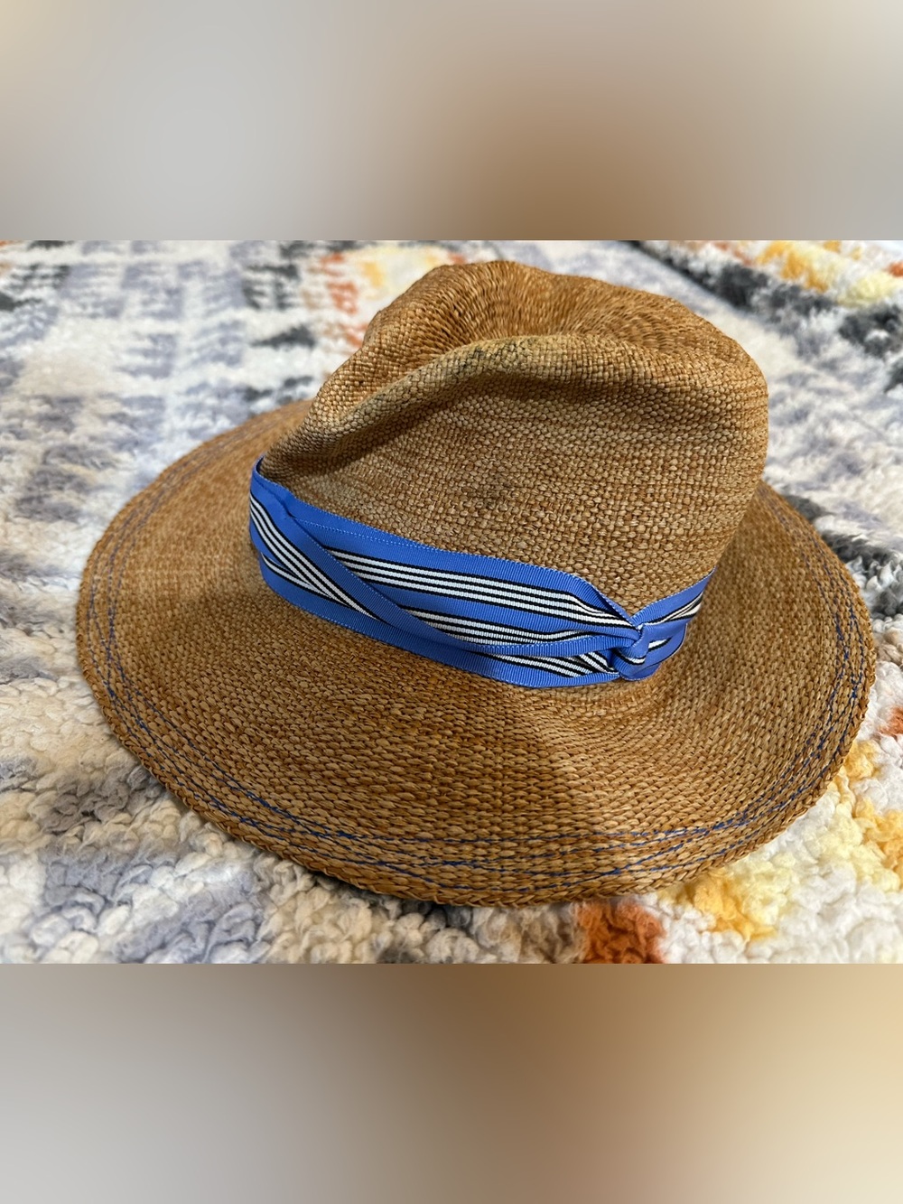 Lola Hats Woven Straw Fedora Style Sun Hat Blue Ribbon Accent